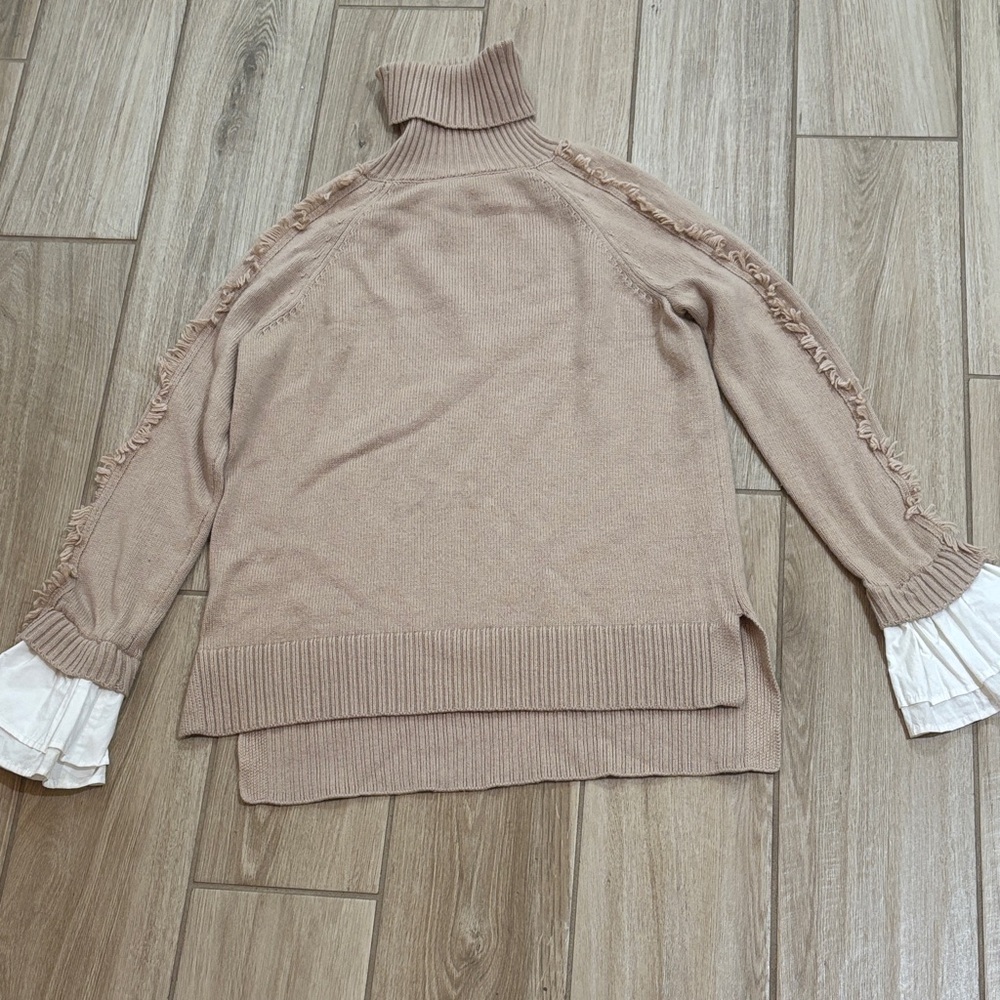 Design History Tan Cowl Neck Sweater with Ruffle Sleeves